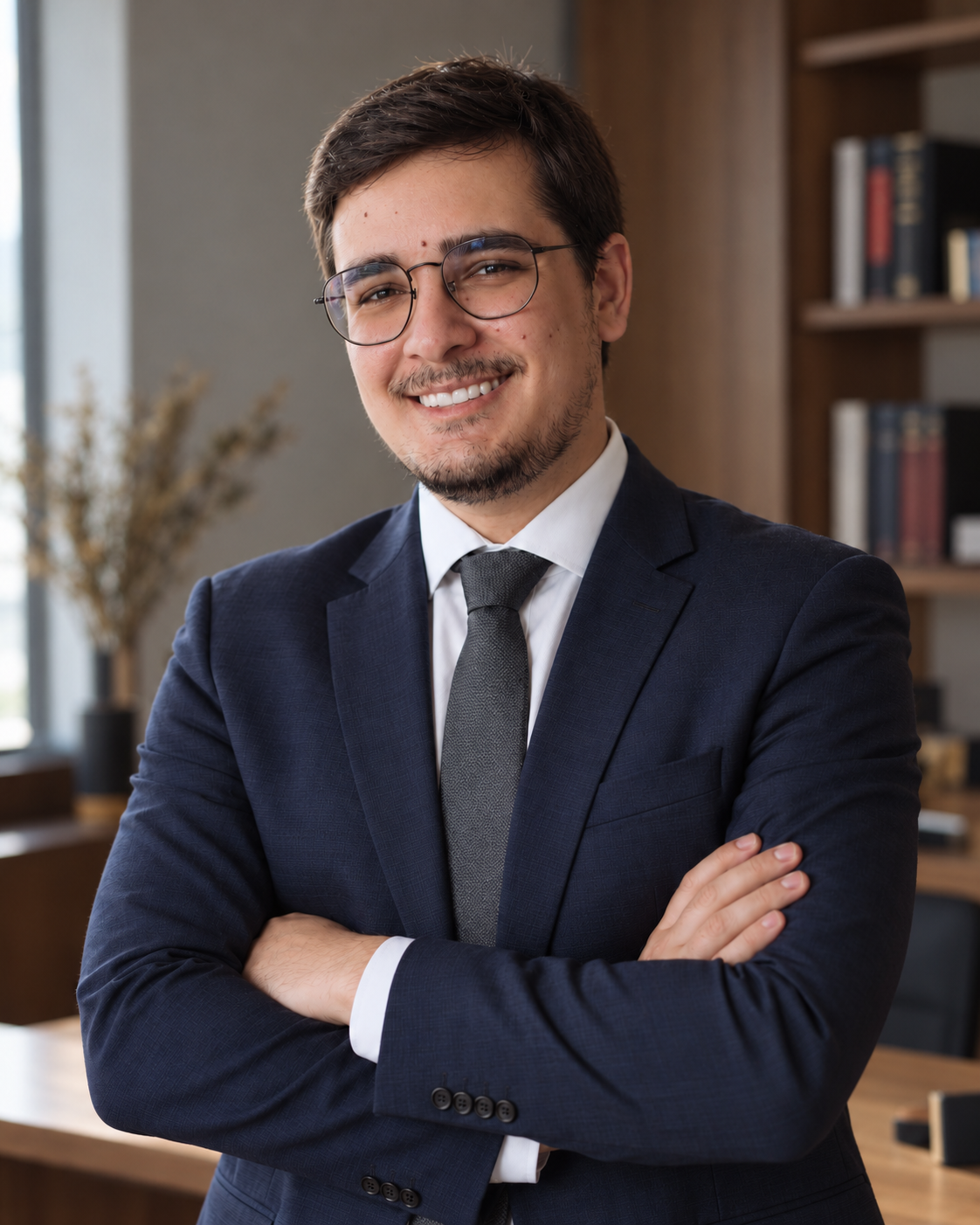 Lucas Alencar, advogado, com terno azul e óculos